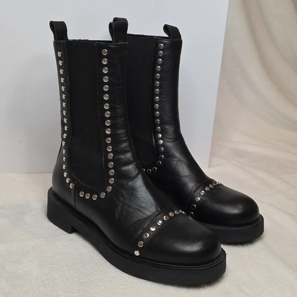 SAINT + SOFIA Black Leather Silver Studded Chelsea Boots Size 38 (US 7) LIKE NEW - Picture 2 of 7